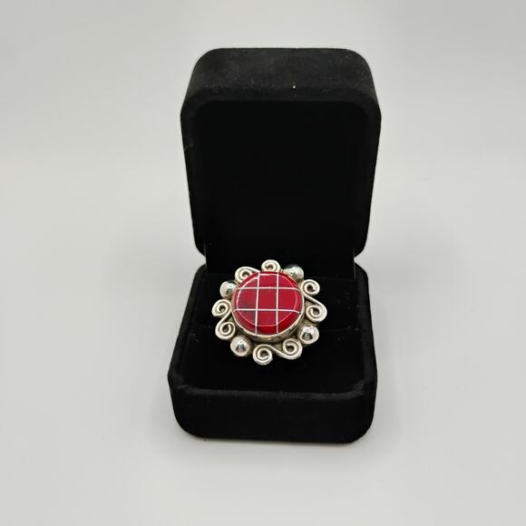 Red Jasper Inlay Sterling Silver Adjustable Ring - Picture 2 of 5